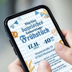 May include: A blue and white invitation for a birthday celebration called "Martins bayrisches Geburtstags-Fr&uuml;hst&uuml;ck" on November 17, 2024, at 10:00 am. The invitation includes a pretzel, wheat stalks, and a blue and white checkered background.