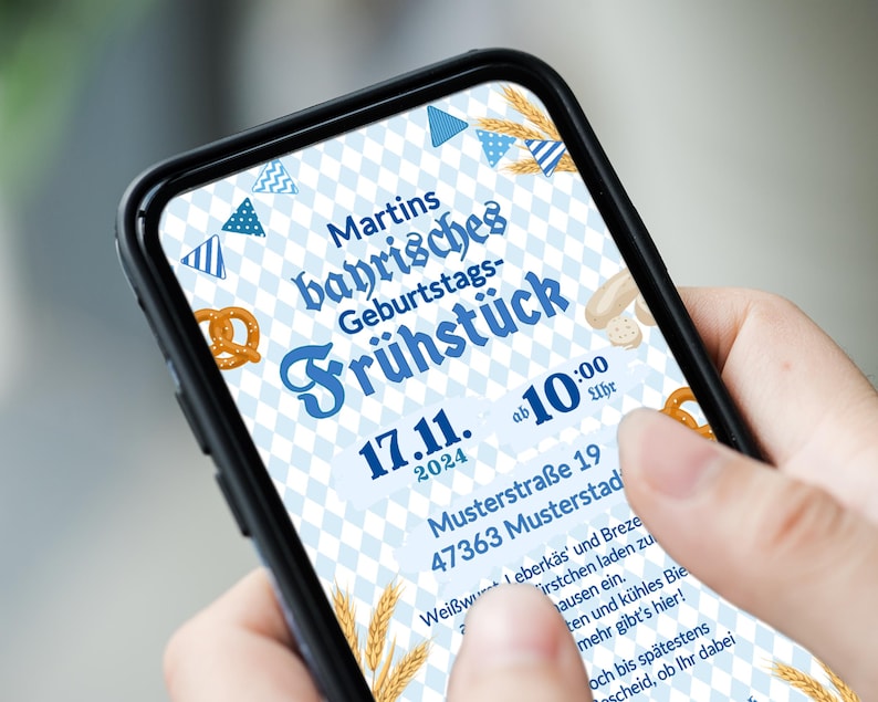 May include: A blue and white invitation for a birthday celebration called "Martins bayrisches Geburtstags-Fr&uuml;hst&uuml;ck" on November 17, 2024, at 10:00 am. The invitation includes a pretzel, wheat stalks, and a blue and white checkered background.