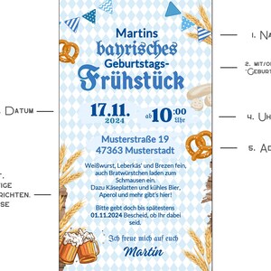 May include: A blue and white invitation for a Bavarian birthday breakfast. The invitation features a pretzel, wheat stalks, and a beer stein. The text on the invitation reads "Martins bayrisches Geburtstags-Fr&uuml;hst&uuml;ck 17.11. 2024 ab 10:00 Uhr Musterstra&szlig;e 19 47363 Musterstadt".