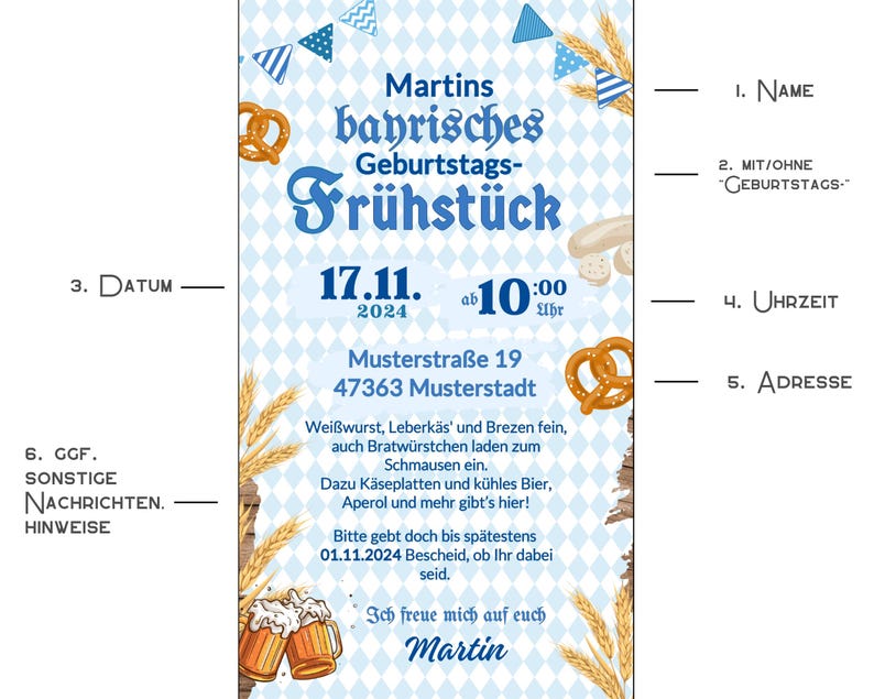 May include: A blue and white invitation for a Bavarian birthday breakfast. The invitation features a pretzel, wheat stalks, and a beer stein. The text on the invitation reads "Martins bayrisches Geburtstags-Fr&uuml;hst&uuml;ck 17.11. 2024 ab 10:00 Uhr Musterstra&szlig;e 19 47363 Musterstadt".