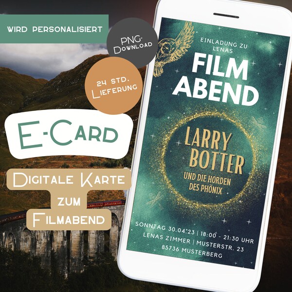 Einladung Film Kinoabend personalisiert Whatsapp Einladungskarte Mottoparty Filmtitel E-Card Kindergeburtstag Zauberer digital Handy