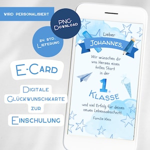 Carte de vœux numérique, inscription scolaire, WhatsApp, ECard personnalisée, bleu, garçons, rentrée scolaire, premier jour d'école, cadeau, cartable