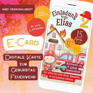 Invito per vigili del fuoco, biglietto d'invito digitale per compleanno bambini, biglietto personalizzato per bambini su WhatsApp, regalo per camion con scala dei pompieri, cellulare rosso e giallo
