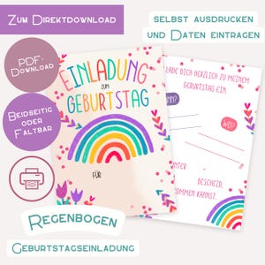 Einladung Kindergeburtstag Regenbogen - zum Ausdrucken PDF - Geburtstag Kind Baby Kindergeburtstag Geburtstagseinladung Sofort Download bunt