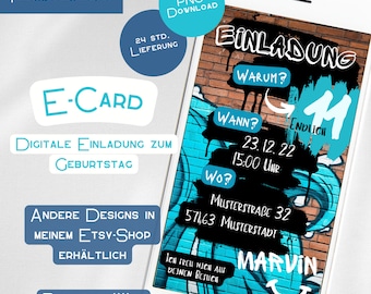 May include: A digital birthday invitation e-card with a blue and black graffiti design. The text on the card reads "Einladung" (Invitation), "Warum?" (Why?), "Wann?" (When?), "23.12.22 15:00 Uhr" (December 23, 2022 at 3:00 PM), "Wo?" (Where?), "Musterstraße 32 57463 Musterstadt" (Musterstraße 32, 57463 Musterstadt), "Marvin" and "Ich freu mich auf deinen Besuch" (I look forward to your visit).