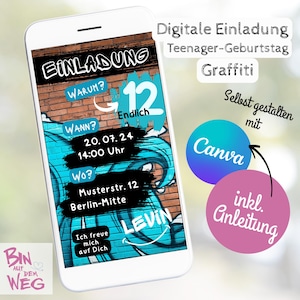 Einladung Teenager Geburtstag Graffiti – Digitale Einladungskarte Jungen 12 Jahre – WhatsApp Einladung - Canva-Vorlage – Kindergeburtstag