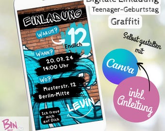 Teenager Birthday Invitation Graffiti – Digital Invitation Card Boys 12 Years – WhatsApp Invitation – Canva Template – Children's Birthday