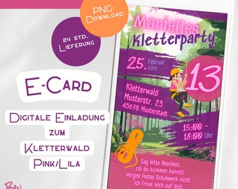 Climbing party invitation – Digital birthday card – Climbing forest children’s birthday party – WhatsApp e-card – Outdoor party personalized pink neon