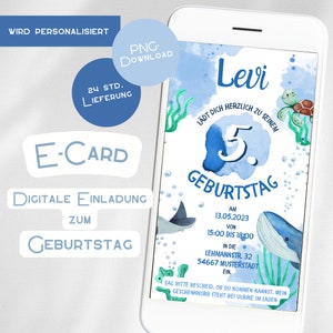Invitación cumpleaños infantil niño mar bajo el agua tarjeta electrónica digital personalizada niña tarjeta de invitación azul WhatsApp pez regalo