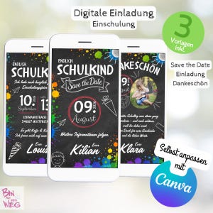 May include: Three smartphones displaying digital invitation templates for a school event. The designs feature chalkboard backgrounds with colorful accents, text, and illustrations. The invitations are customizable with Canva.