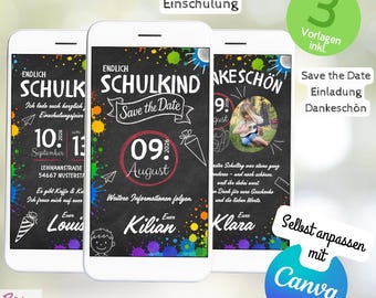 School enrollment invitation, save the date & thank you note - black for boys and girls (set of 3 Canva templates) personalized Whatsapp e-card