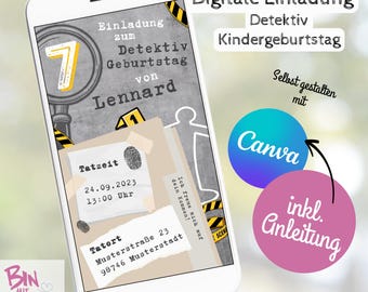 Detective invitation children's birthday digital ECard girl boy invitation card WhatsApp birthday invitation scavenger hunt Canva template