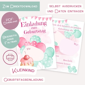 Uitnodigingsballonnen om af te drukken, afdrukbestand, verjaardagsfeestje, baby, kinderfeestje, verjaardagsuitnodiging, downloaden, roze muffinmeisje