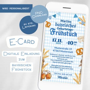 Convite eletrônico para café da manhã bávaro Oktoberfest personalizável digitalmente Wiesn Azul Branco - Convite redondo de aniversário - celular