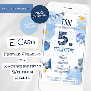 Einladung Kindergeburtstag Weltraum – personalisierte E-Card mit Rakete Astronaut Ufo – Jungen & Mädchen – WhatsApp - personalisiert blau