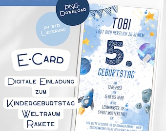 Invitation children's birthday party space - personalized e-card with rocket astronaut UFO - boys & girls - WhatsApp - personalized blue