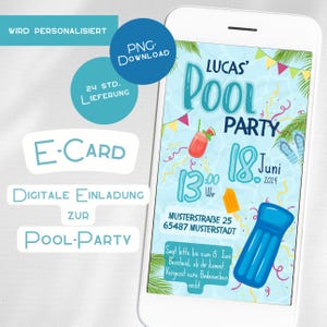 Poolparty Einladung Save the Date Digitale E-Card blau WhatsApp personalisiert Junge Mädchen Schwimmbad Sommerparty weiß Wasserparty