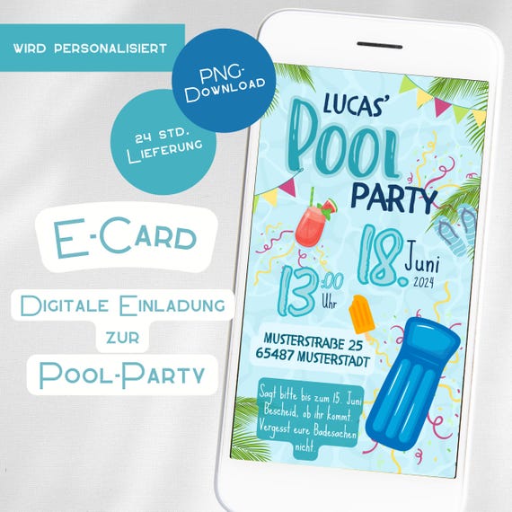Poolparty Einladung Save the Date Digitale E-Card blau WhatsApp personalisiert Junge Mädchen Schwimmbad Sommerparty weiß Wasserparty