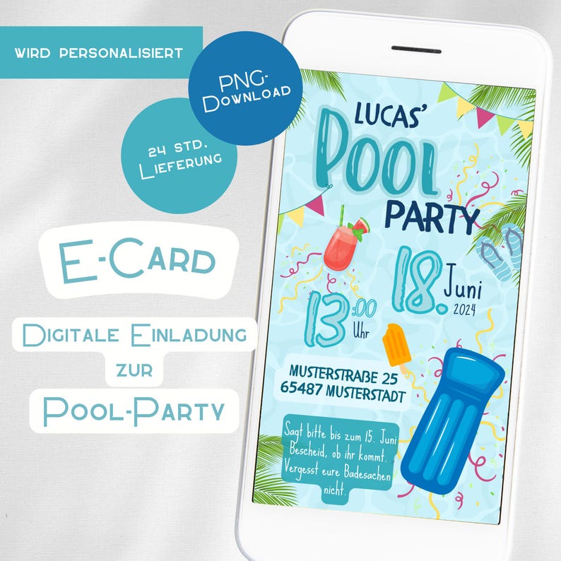 Pool Party Invitation Save the Date Digital E-Card blue WhatsApp personalized boy girl swimming pool summer party white water party image 1