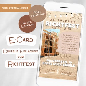 Invitación ceremonia de remate E-Card construcción de casa con foto sitio de construcción personalizable digitalmente azul blanco - nueva estructura del edificio renovación ceremonia de inauguración - móvil