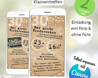 Class Reunion Invitation - Set of 2 Canva Templates - Digital Invitation 30 Years Reunion - School Reunion Invitation Card WhatsApp with Photo