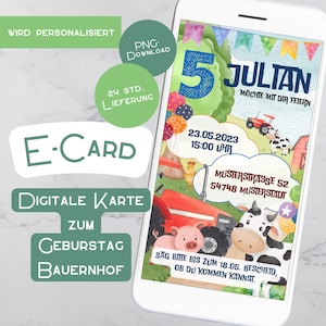Einladung Kindergeburtstag Bauernhof Baby Geburtstagseinladung Junge ECard Einladungskarte WhatsApp Traktor Erster Geburtstag bunt Handy
