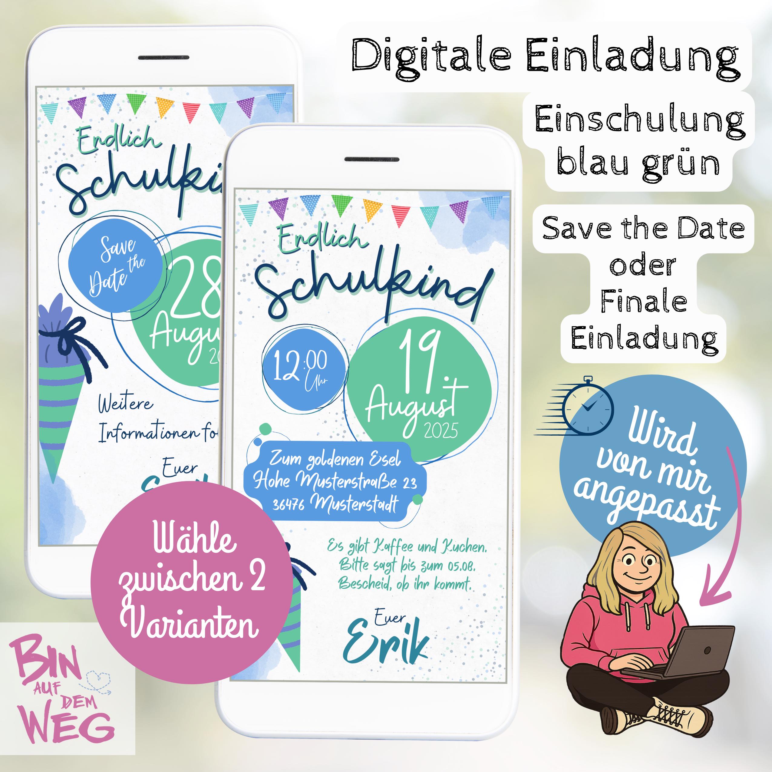 Invitation school enrollment Save the Date Digital E-Card WhatsApp personalized boy first day of school card gift school cone blue mobile phone turquoise