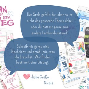 May include: A digital illustration of a pink and blue watercolor design with the text "Bin auf dem Weg" in pink. The image also includes a speech bubble with the text "Der Style gef&auml;llt dir, aber es ist nicht das passende Thema dabei oder du h&auml;ttest gerne eine andere Farbkombination? Schreib mir gerne eine Nachricht und erz&auml;hl mir, was du brauchst. Wir finden bestimmt eine L&ouml;sung. -liche Gr&uuml;&szlig;e Nicole" in blue.