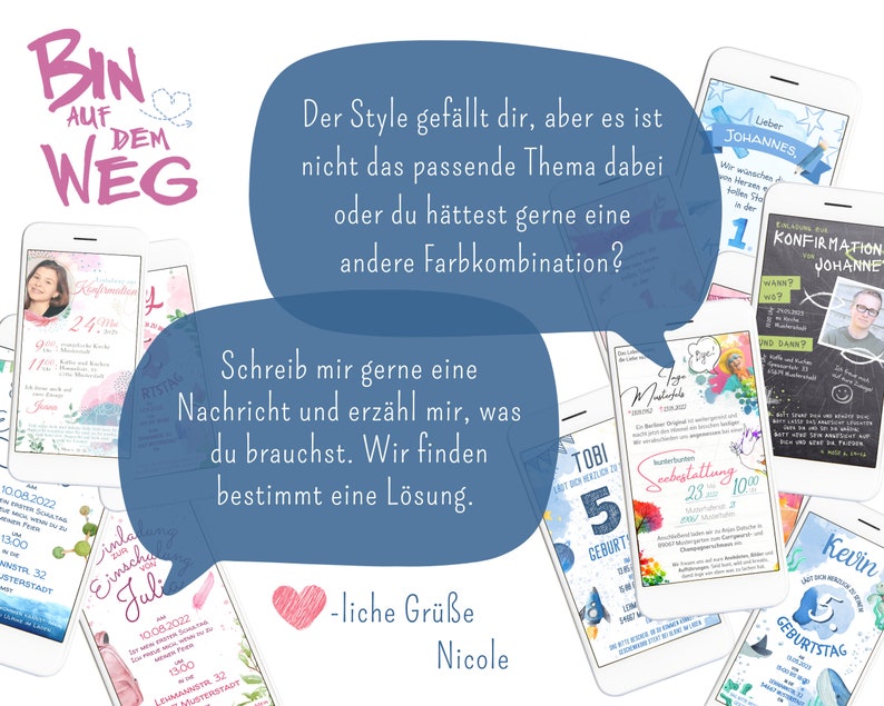 May include: A digital illustration of a pink and blue watercolor design with the text "Bin auf dem Weg" in pink. The image also includes a speech bubble with the text "Der Style gef&auml;llt dir, aber es ist nicht das passende Thema dabei oder du h&auml;ttest gerne eine andere Farbkombination? Schreib mir gerne eine Nachricht und erz&auml;hl mir, was du brauchst. Wir finden bestimmt eine L&ouml;sung. -liche Gr&uuml;&szlig;e Nicole" in blue.