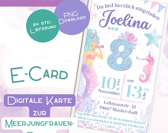 Invitation Mermaid Children's Birthday Digital E-Card personalized girl underwater mermaid mobile purple turquoise invitation card seahorse