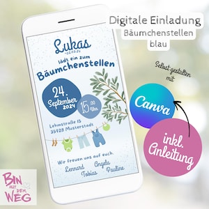 Plantilla Canva para baby shower con diseño de árbol de invitación, bebé orinando, tirador de aguardiente, cerveza infantil, tarjeta electrónica digital para WhatsApp, niño, móvil, azul
