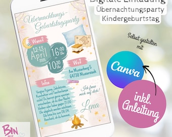 Overnight invitation sleepover pajama party slumber party digital e-card WhatsApp girl mobile pink Canva template children's birthday turquoise