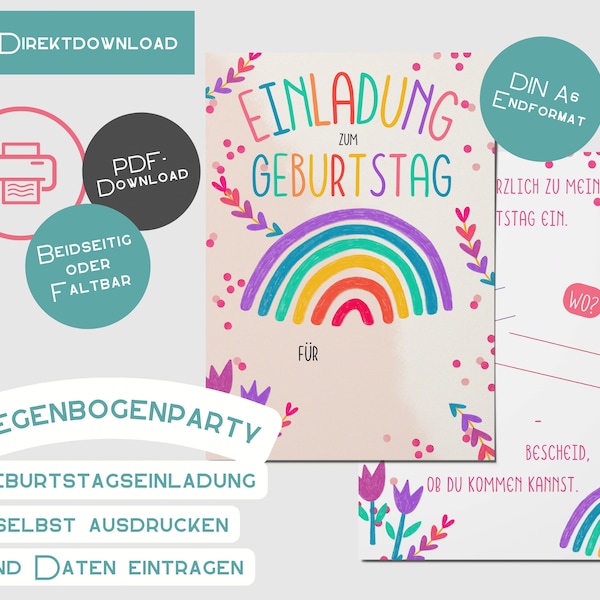 Einladung Regenbogen zum Ausdrucken PDF Printdatei Geburtstag Kind Party Baby Kindergeburtstag Geburtstagseinladung Sofort Download bunt