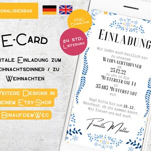 Invitación a fiesta de Navidad, tarjeta electrónica digital, tarjeta de invitación de Navidad, cena de Navidad, estilo campestre, azul blanco, WhatsApp