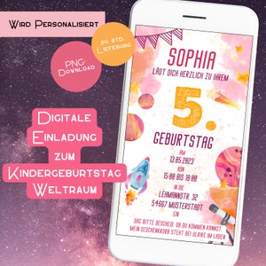 Invito compleanno bambini spazio ECard digitale rosa ragazza invito WhatsApp invito compleanno ragazzo razzo astronauta pianeti