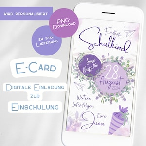 Convite de matrícula escolar Salvar a data Cartão eletrônico digital roxo WhatsApp personalizado menino menina primeiro dia de aula cone branco boho escola