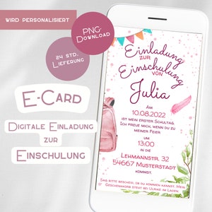Invitation à la rentrée scolaire, rentrée scolaire, e-carte, rose, fille, premier jour d'école, Whatsapp, carte numérique save the date, cône scolaire, rose, inscription scolaire