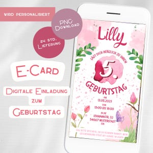 Einladung rosa Kindergeburtstag Digitale E-Card personaliserbare Geburtstagseinladung WhatsApp Status pink Mädchen Prinzessin Blumen Baby