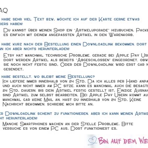 May include: FAQ page with text about Etsy shop policies and download links. The text includes information about shipping times, technical issues, and customer service. The page has a pink watercolor background with a heart and the text "Bin auf dem Weg" at the bottom.