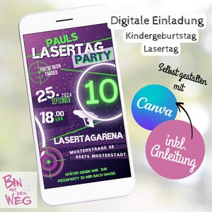 Convite laser tag alemão - Cartão eletrônico digital WhatsApp meninos - Festa de aniversário infantil adolescentes - Modelo Canva - Verde neon - Arena de laser para adolescentes