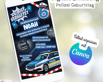 Police Children's Birthday Invitation - Digital ECard WhatsApp - Canva Template - Blue Black - Invitation Children's Birthday Boy - German