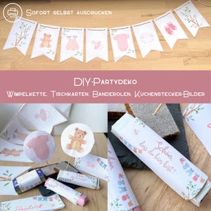 Décoration de fête positions d'arbre baby shower baptême à imprimer fille rose naissance DIY guirlande banderole marque-places cupcake bouchons décoration de table
