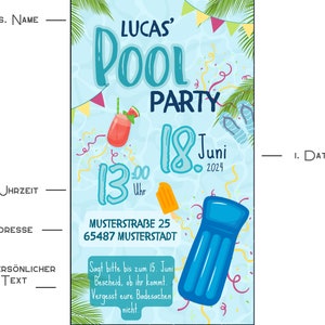 May include: A blue and white pool party invitation with the text "Lucas' Pool Party" and "18 Juni 2024" in a blue and white font. The invitation also includes a blue pool float, a red and white watermelon drink, and a blue and white popsicle.