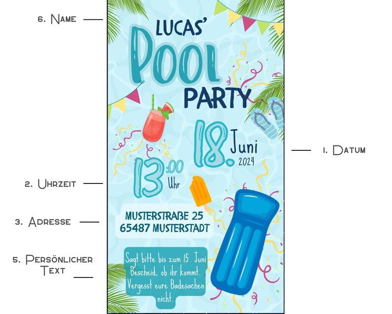 May include: A blue and white pool party invitation with the text "Lucas' Pool Party" and "18 Juni 2024" in a blue and white font. The invitation also includes a blue pool float, a red and white watermelon drink, and a blue and white popsicle.