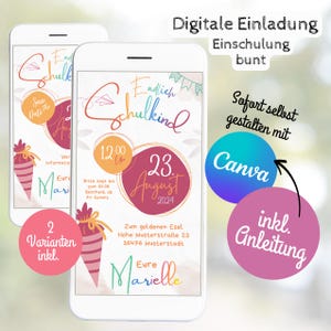 Einschulung Einladung Digitale E-Card WhatsApp personalisiert Junge Mädchen Erster Schultag Schultüte bunt Canva Handy Schule Save the Date