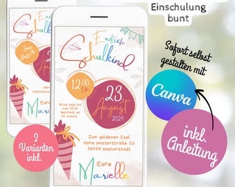 School enrollment invitation digital e-card WhatsApp personalized boy girl first day of school school cone colorful Canva mobile school save the date