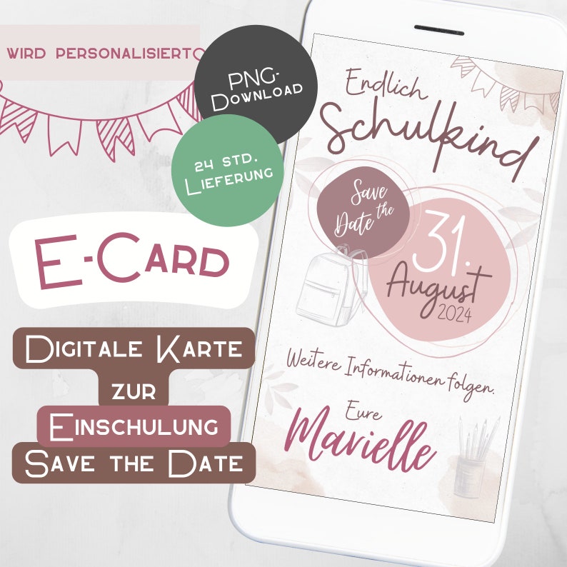Digitale Einladung für's Handy mit Text: Endlich Schulkind, Save the Date, Datum, Weitere Informationen folgen. Eure Marielle. Individuell anpassbar.