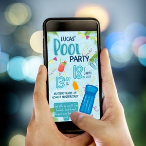May include: A smartphone displaying a colorful invitation for a pool party. The invitation features the text "Lucas' Pool Party" with a date of June 18, 2024, and a time of 1:00 PM. The invitation also includes a location: Musterstra&szlig;e 25, 65487 Musterstadt.