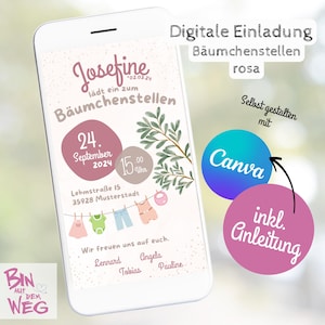Uitnodigingsboomopstelling baby plas-trekker schnaps kinderbier digitale e-card WhatsApp meisje mobiele telefoon roze babyfeestje Canva sjabloon babyshower
