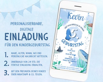 Invitation children's birthday boy sea underwater digital e-card personalized girl blue invitation card WhatsApp fish gift